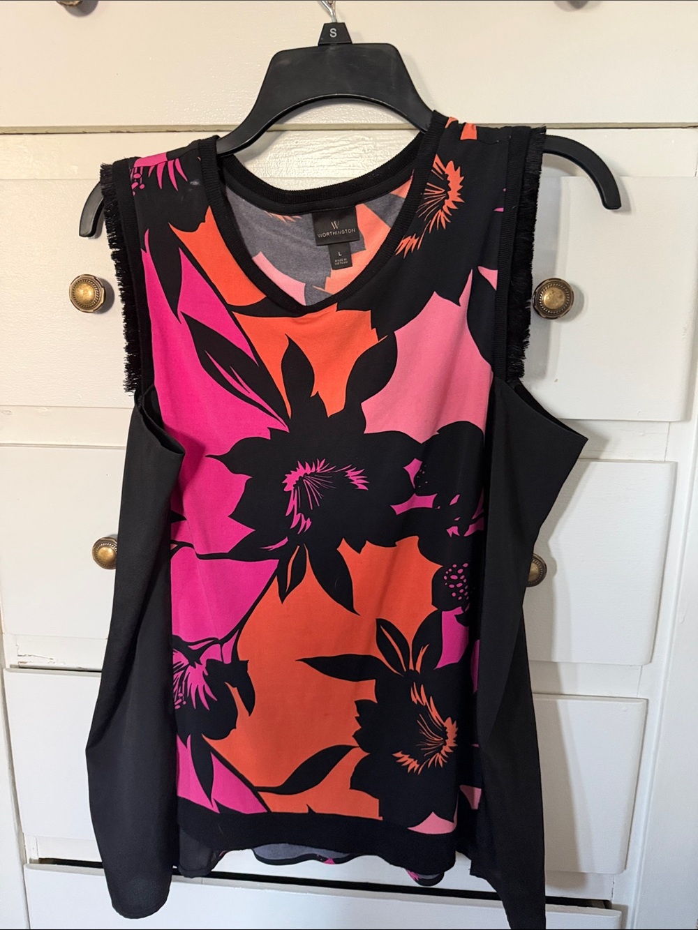 Worthington Black Floral Tank with Pink & Orange Blooms. Size L